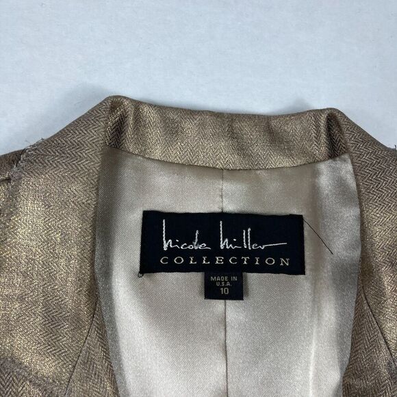 Nicole Miller Collection Linen Tie Front Blazer Metallic Gold Jacket Size 10 - Picture 3 of 11